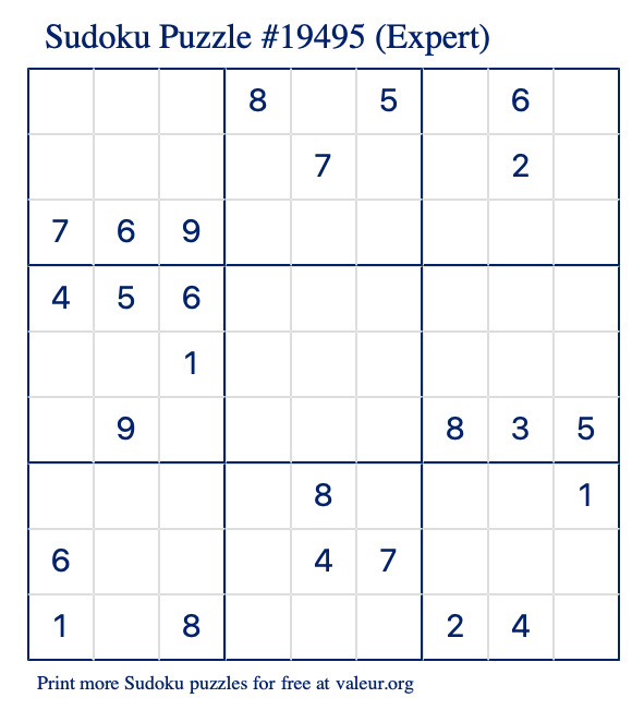 Free Printable Expert Sudoku Puzzle number 19495