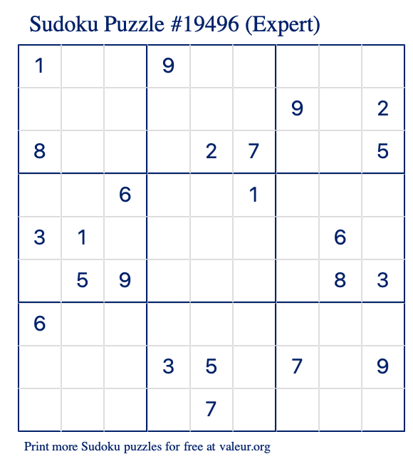 Free Printable Expert Sudoku Puzzle number 19496