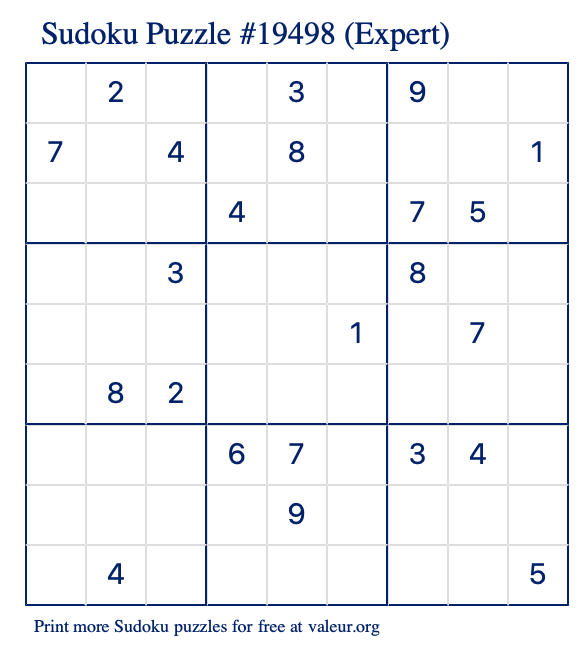 Free Printable Expert Sudoku Puzzle number 19498