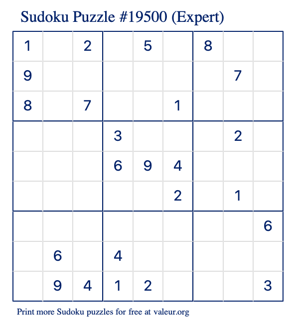 Free Printable Expert Sudoku Puzzle number 19500