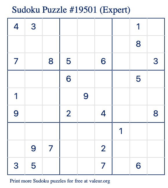 Free Printable Expert Sudoku Puzzle number 19501
