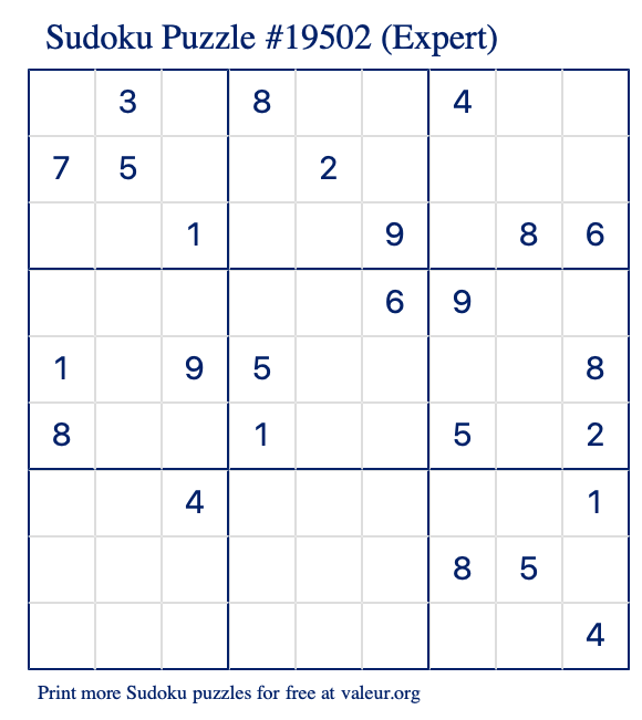 Free Printable Expert Sudoku Puzzle number 19502