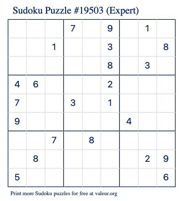 Free Printable Expert Sudoku Puzzle number 19503
