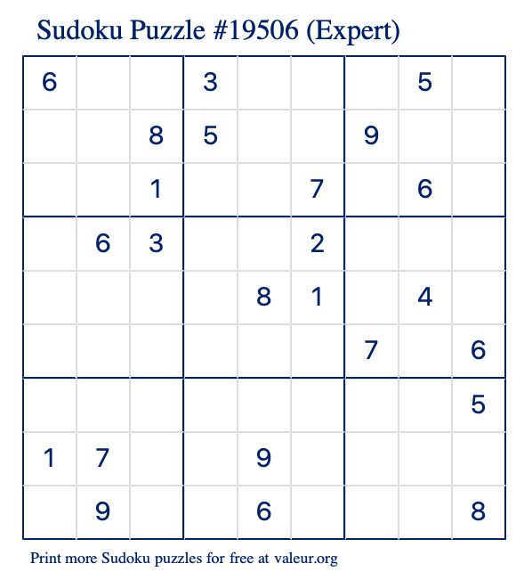 Free Printable Expert Sudoku Puzzle number 19506