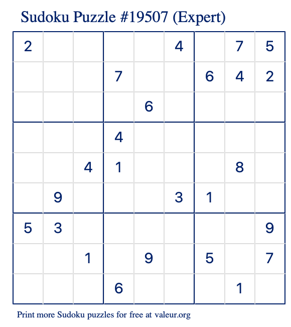 Free Printable Expert Sudoku Puzzle number 19507