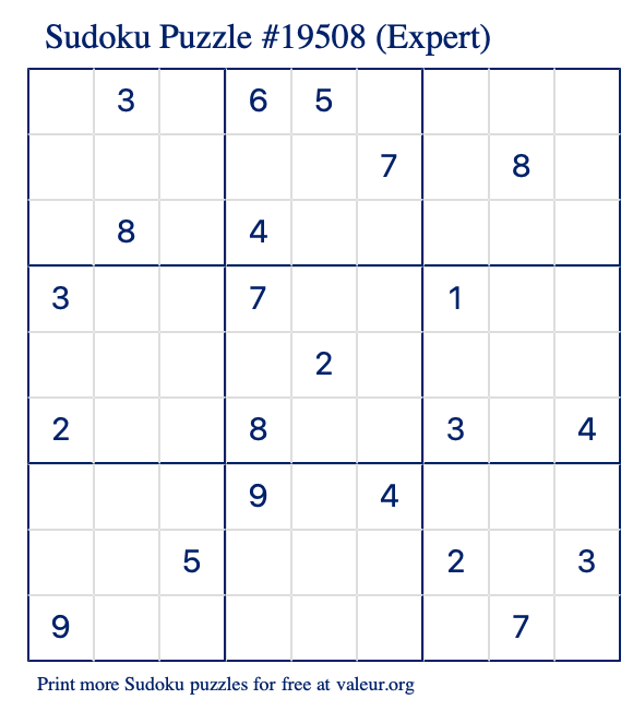 Free Printable Expert Sudoku Puzzle number 19508