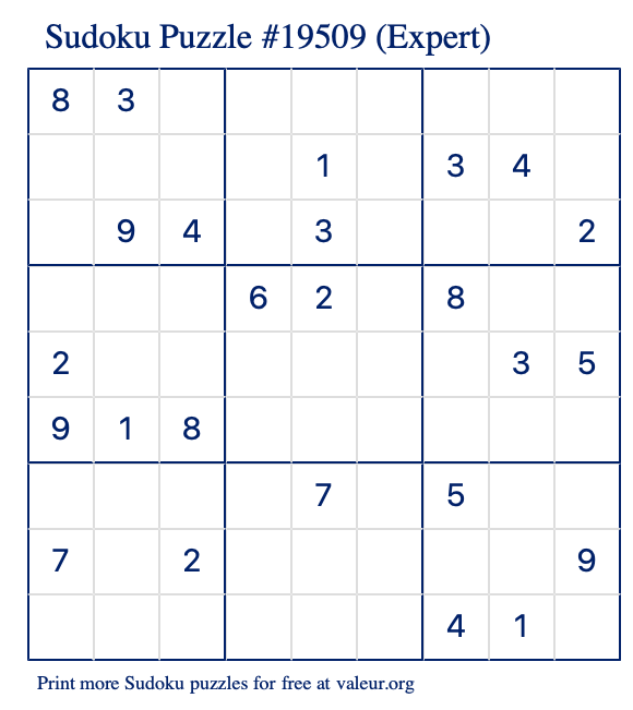 Free Printable Expert Sudoku Puzzle number 19509