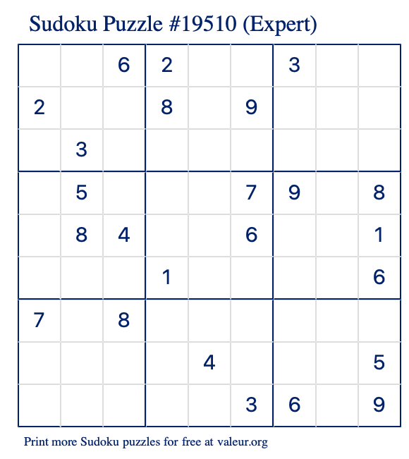 Free Printable Expert Sudoku Puzzle number 19510