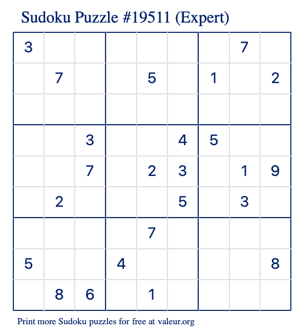 Free Printable Expert Sudoku Puzzle number 19511