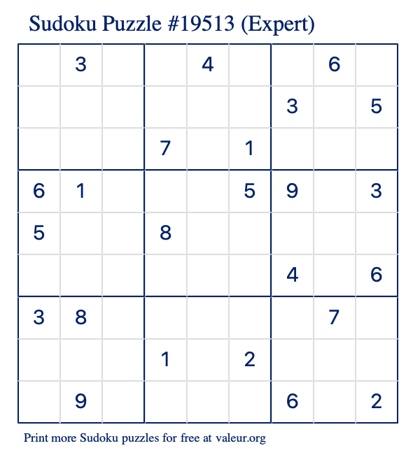 Free Printable Expert Sudoku Puzzle number 19513