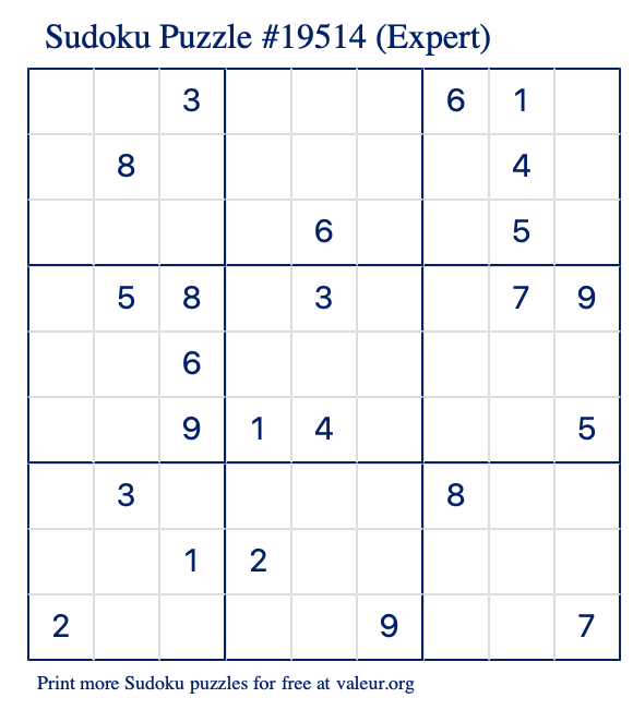 Free Printable Expert Sudoku Puzzle number 19514