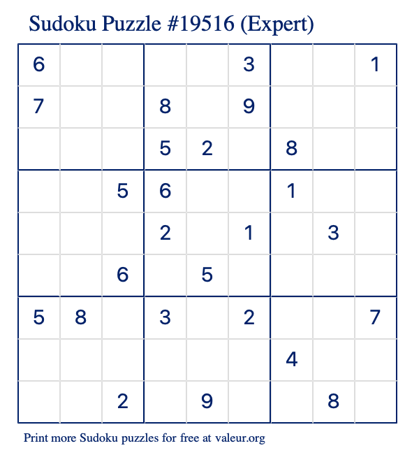 Free Printable Expert Sudoku Puzzle number 19516