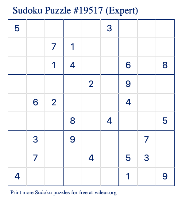 Free Printable Expert Sudoku Puzzle number 19517