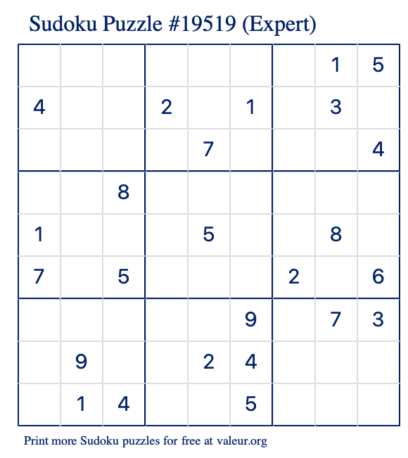 Free Printable Expert Sudoku Puzzle number 19519
