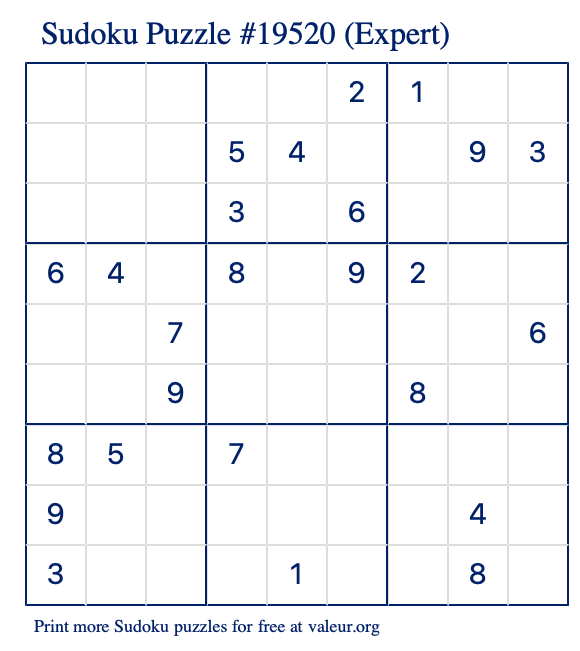 Free Printable Expert Sudoku Puzzle number 19520