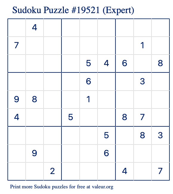 Free Printable Expert Sudoku Puzzle number 19521