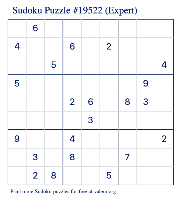 Free Printable Expert Sudoku Puzzle number 19522