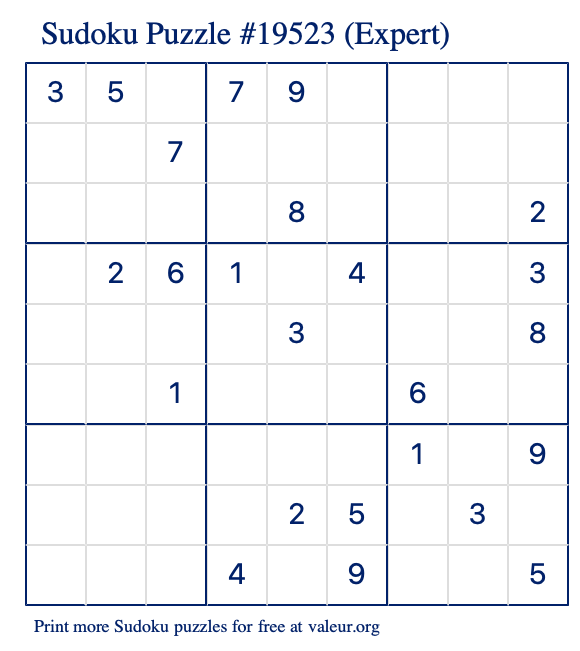 Free Printable Expert Sudoku Puzzle number 19523