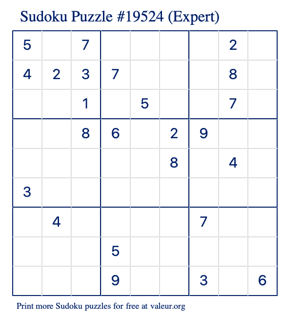 Free Printable Expert Sudoku Puzzle number 19524