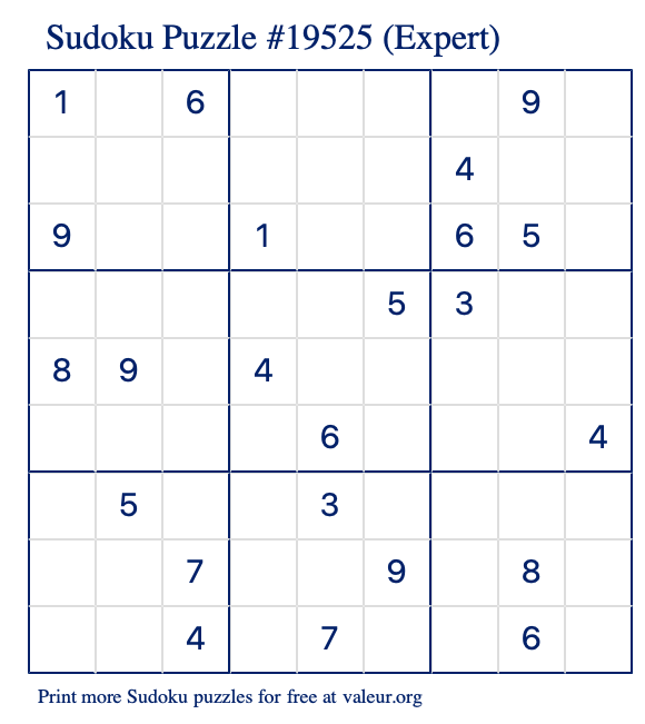 Free Printable Expert Sudoku Puzzle number 19525