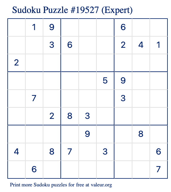 Free Printable Expert Sudoku Puzzle number 19527