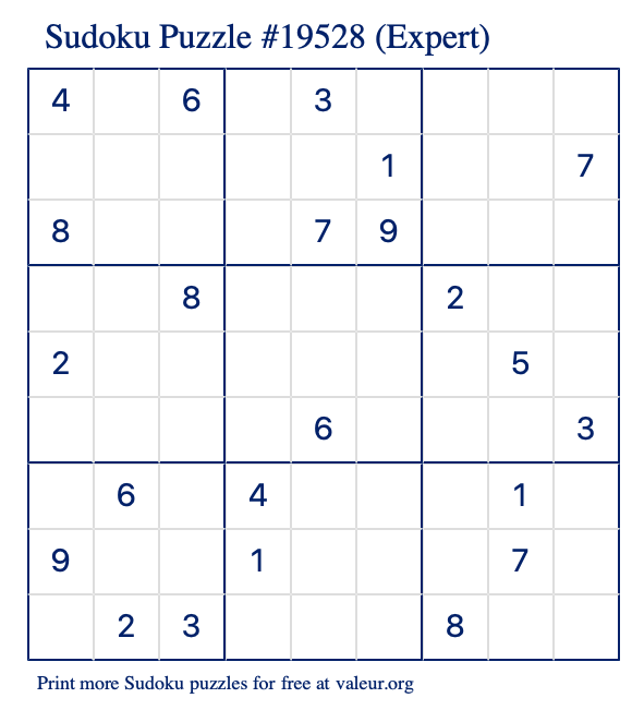 Free Printable Expert Sudoku Puzzle number 19528