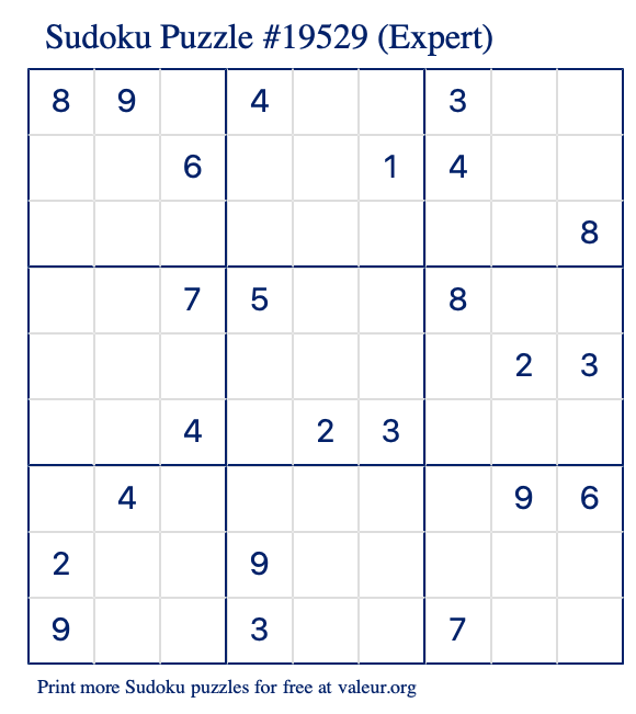 Free Printable Expert Sudoku Puzzle number 19529