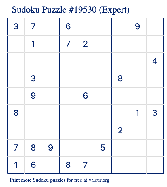 Free Printable Expert Sudoku Puzzle number 19530