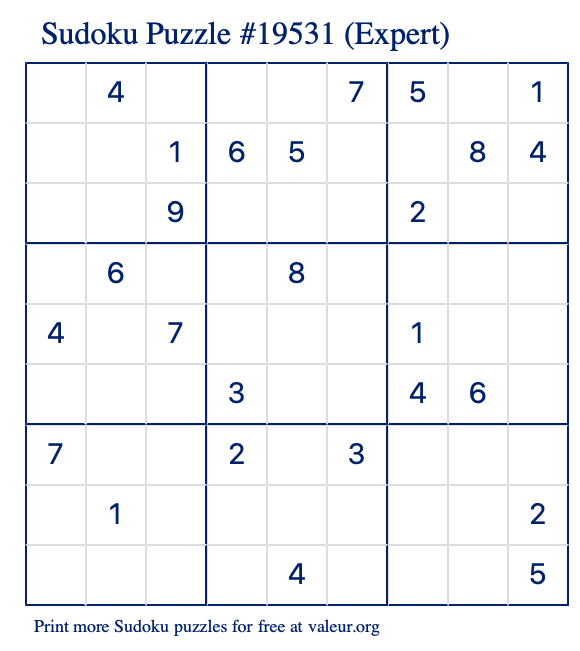 Free Printable Expert Sudoku Puzzle number 19531