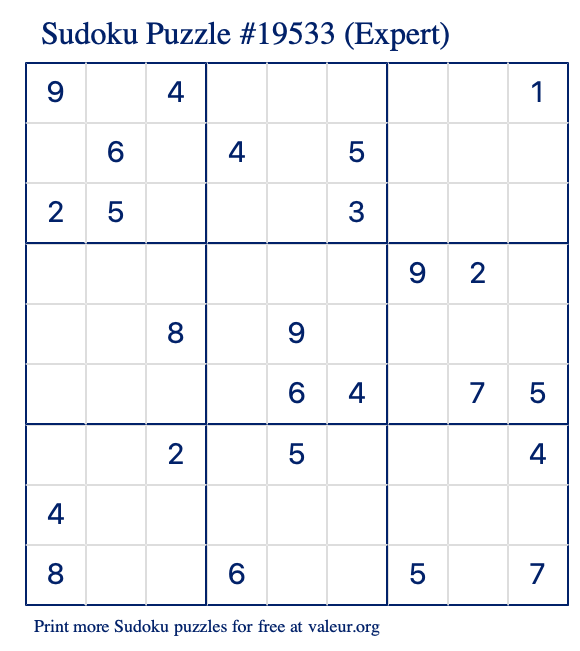 Free Printable Expert Sudoku Puzzle number 19533