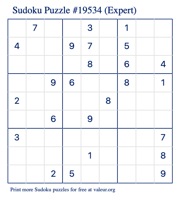 Free Printable Expert Sudoku Puzzle number 19534