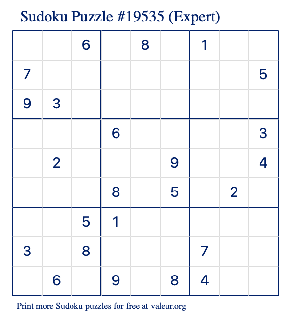 Free Printable Expert Sudoku Puzzle number 19535