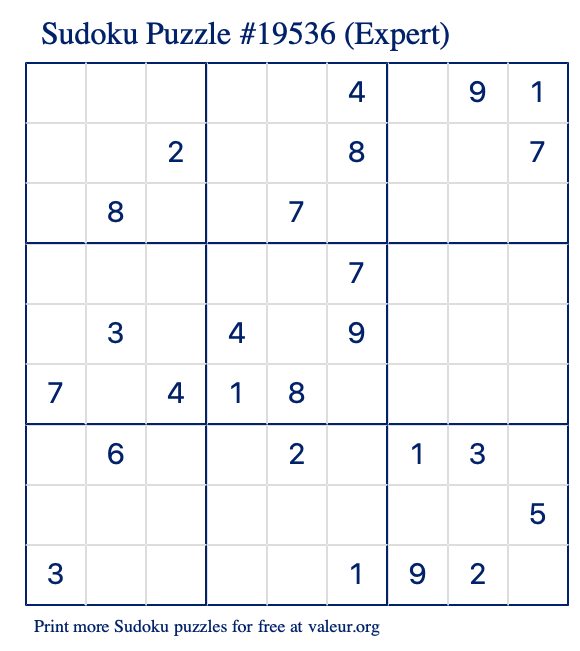 Free Printable Expert Sudoku Puzzle number 19536