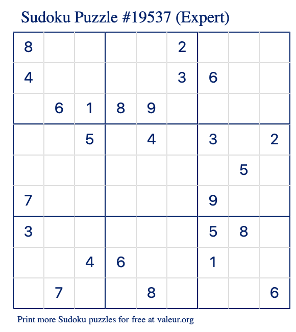 Free Printable Expert Sudoku Puzzle number 19537