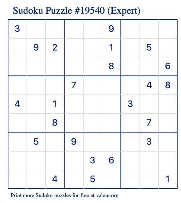 Free Printable Expert Sudoku Puzzle number 19540