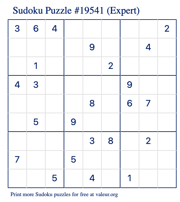 Free Printable Expert Sudoku Puzzle number 19541
