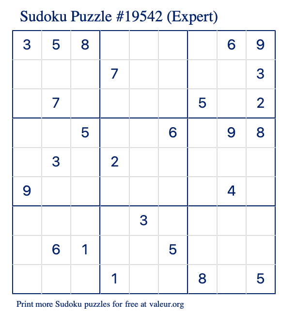 Free Printable Expert Sudoku Puzzle number 19542