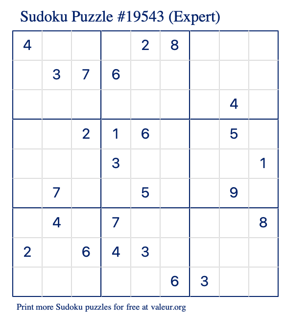Free Printable Expert Sudoku Puzzle number 19543