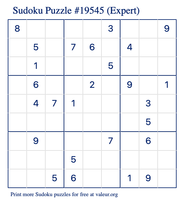 Free Printable Expert Sudoku Puzzle number 19545