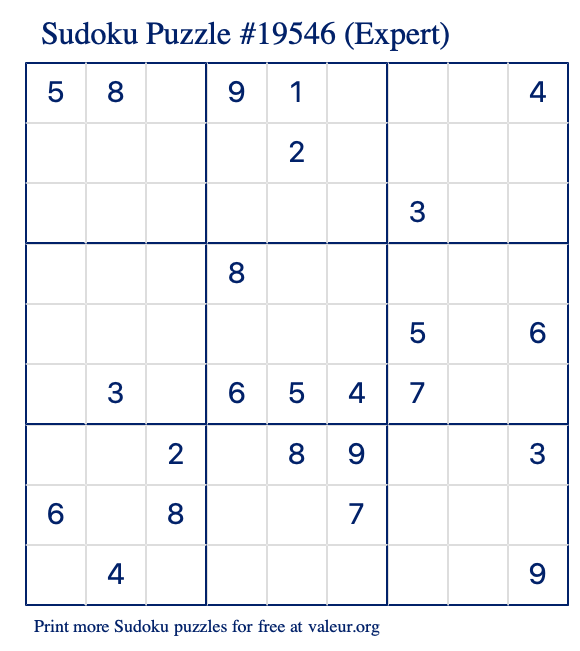 Free Printable Expert Sudoku Puzzle number 19546