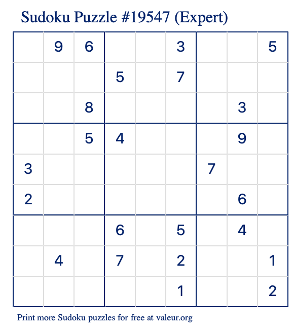 Free Printable Expert Sudoku Puzzle number 19547