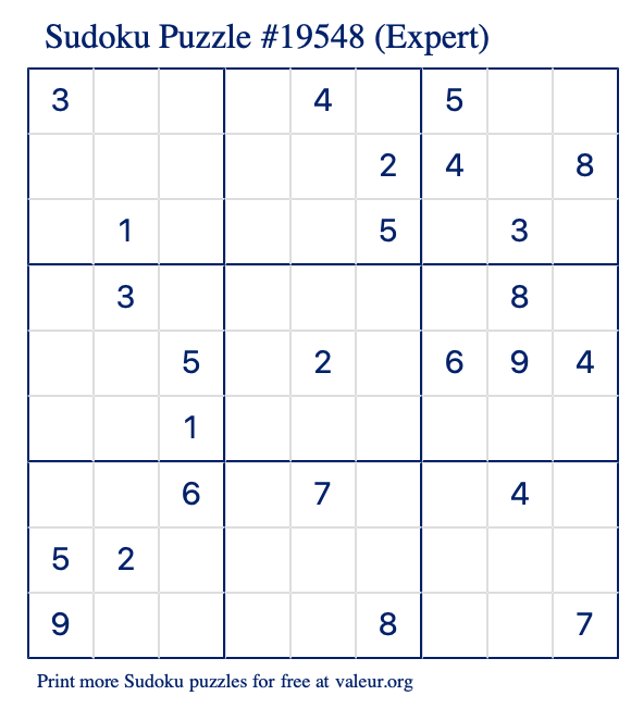 Free Printable Expert Sudoku Puzzle number 19548