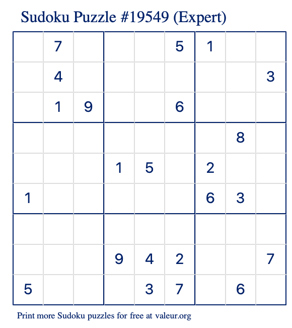 Free Printable Expert Sudoku Puzzle number 19549