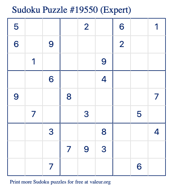 Free Printable Expert Sudoku Puzzle number 19550