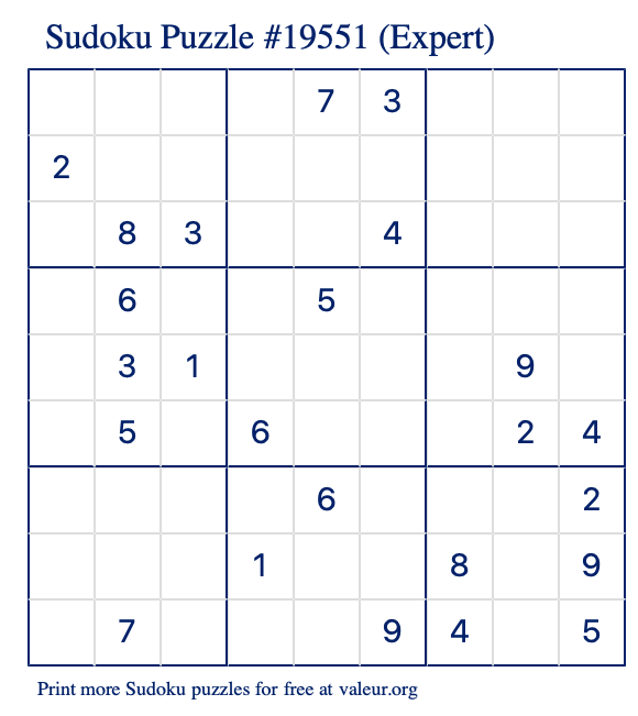 Free Printable Expert Sudoku Puzzle number 19551