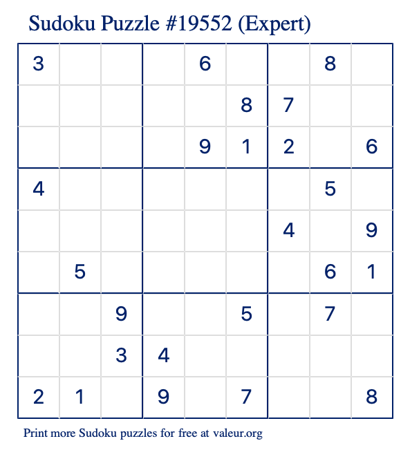 Free Printable Expert Sudoku Puzzle number 19552