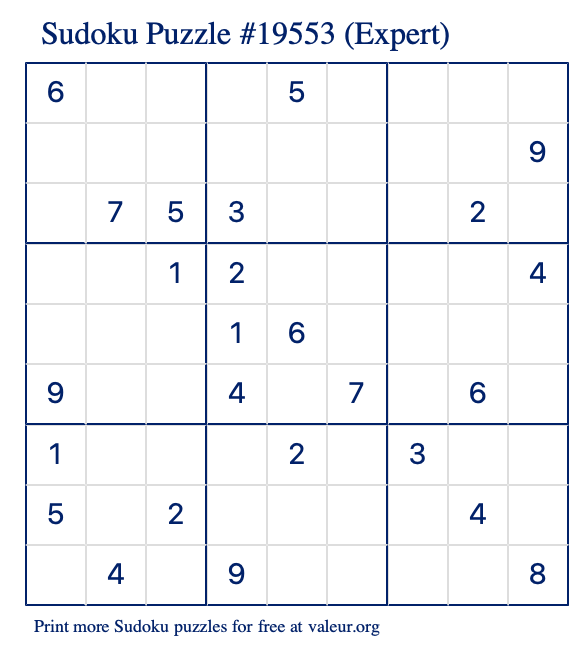 Free Printable Expert Sudoku Puzzle number 19553