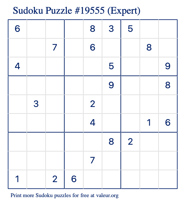 Free Printable Expert Sudoku Puzzle number 19555