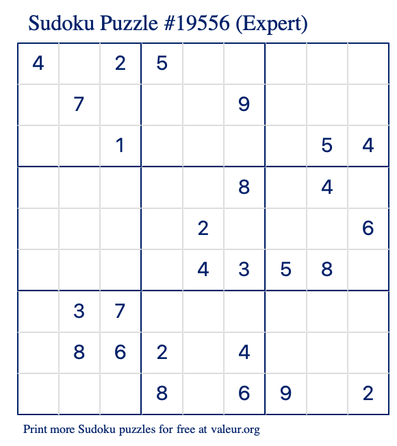 Free Printable Expert Sudoku Puzzle number 19556