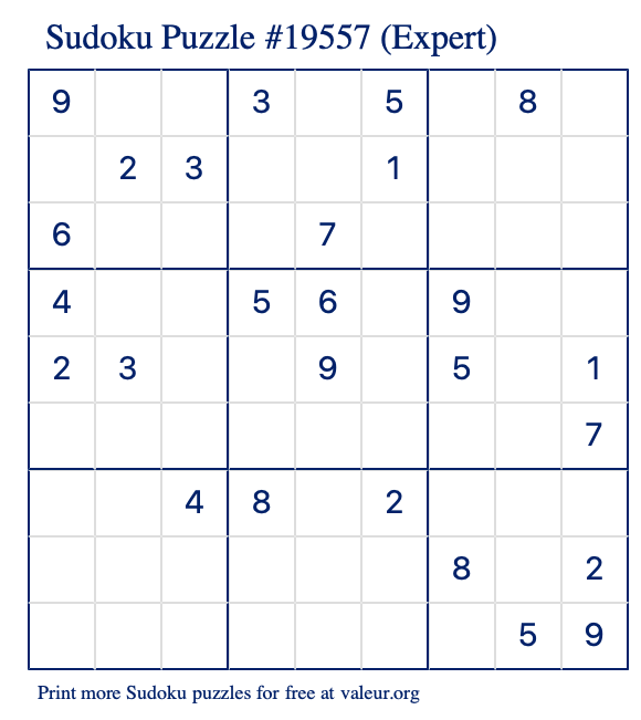 Free Printable Expert Sudoku Puzzle number 19557